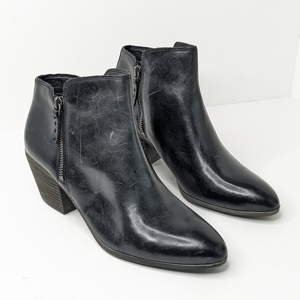 Frye Black Leather Pointed Toe Ankle Booties